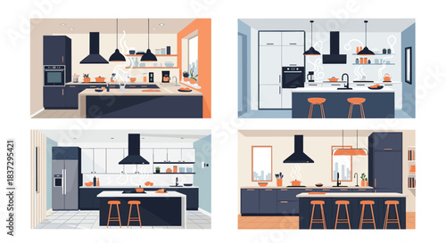 Set of four stylish modern kitchen designs featuring islands, stools, cabinetry, and cooking equipment in various contemporary color palettes.