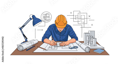 Professional architect wears a safety helmet while sketching detailed building blueprints at a busy workstation desk.
