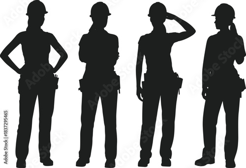 Silhouettes of diverse construction workers wearing helmets and tool belts in various poses for engineering, teamwork, labor, and industry themes