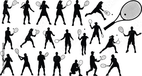 serving, volleying, forehand, and backhand swing, digital flat vector illustration for sport, training, and competition.