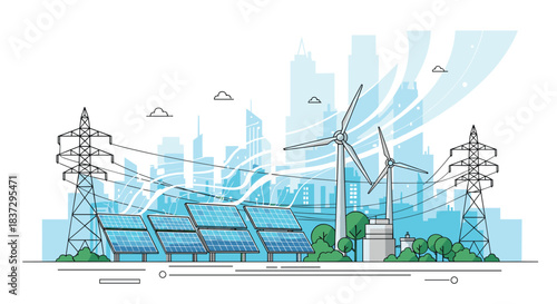 Clean energy concept shows solar panels and wind turbines providing electricity to a sustainable city in the background.