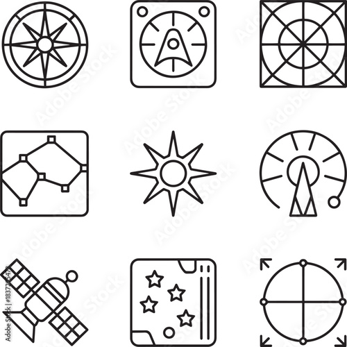 Abstract navigation and charting line icons set showing compasses maps and measurement tools