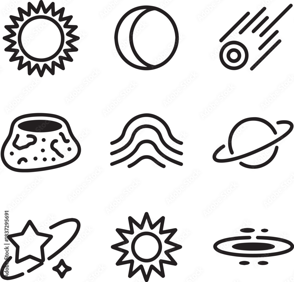 Naklejka premium Cosmic celestial bodies and natural phenomena line icons set with sun moon and comet