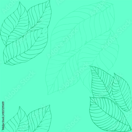 Fresh and bright background with linear pattern of leaves on a green background. Botanical print creates the effect of living nature. For eco-branding, packaging design, creating backgrounds