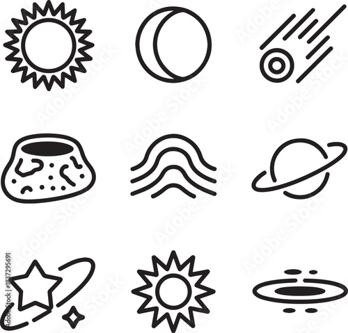 Cosmic celestial bodies and natural phenomena line icons set with sun moon and comet