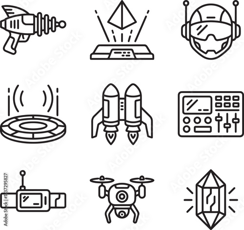 Futuristic technology outline icons set advanced gadgets virtual reality and sci fi elements
