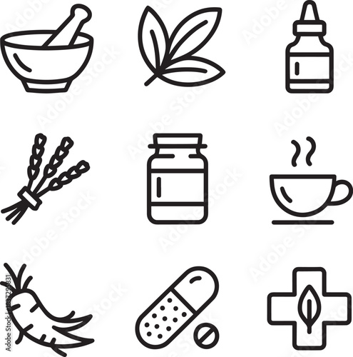Herbal medicine alternative health icons natural remedies with plant based ingredients