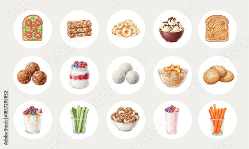 Watercolor Collection of Various Healthy Snacks and Clean Eating Food