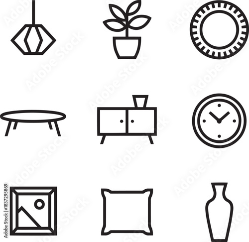 Home interior decor icons set includes lamp, plant, table, cabinet, clock, picture, cushion, vase