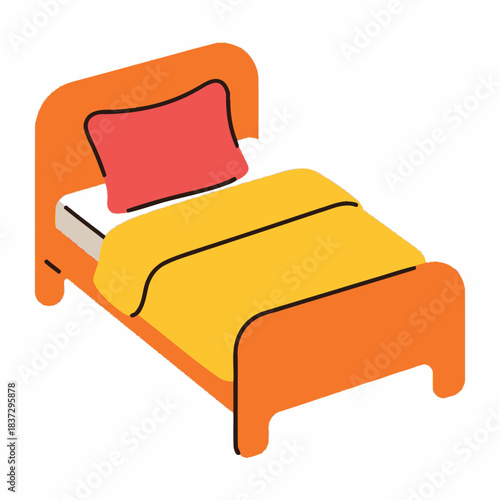 A simple orange bed with a red pillow and yellow bedding is depicted in an isometric view.