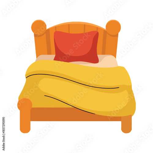 A cozy wooden bed with a bright orange pillow and a yellow blanket awaits.