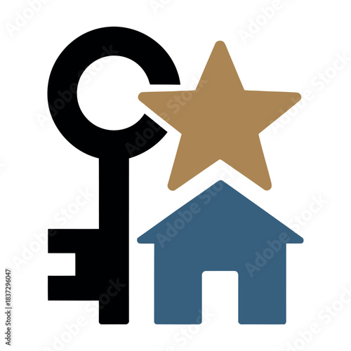 A large black key and a blue house icon are superimposed with a golden star.