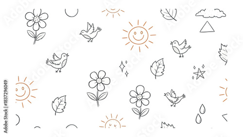 Sketch of Nature's Whimsy: Delicate pen and ink illustrations of nature's charms, with sun, flowers, birds and other elements dance across a clean, minimalist backdrop.