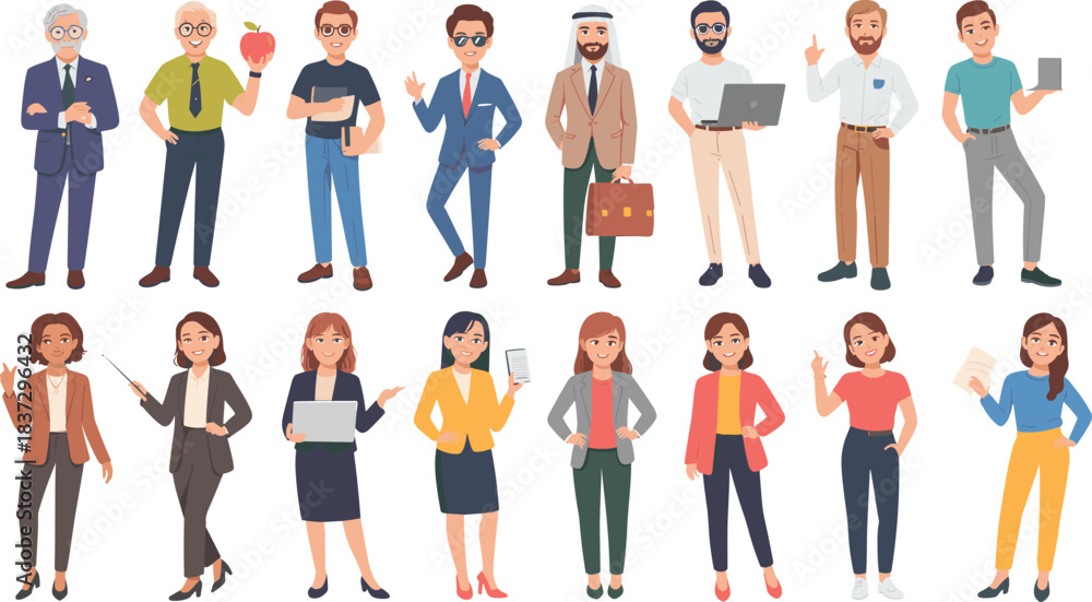Fototapeta premium Cartoon teacher character set featuring diverse male and female educators with tools and poses for educational and professional themes.