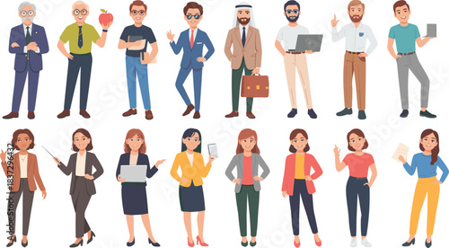 Cartoon teacher character set featuring diverse male and female educators with tools and poses for educational and professional themes.