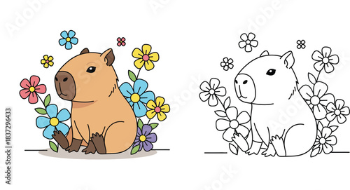 Cute cartoon capybara sitting among colorful flowers. Vector illustration of a happy wild animal surrounded by floral nature isolated on white background.