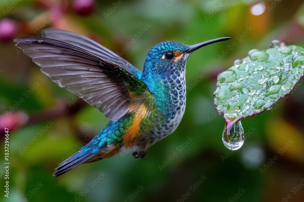 Obraz premium Hummingbird in Flight Near Water Droplet on a Leaf