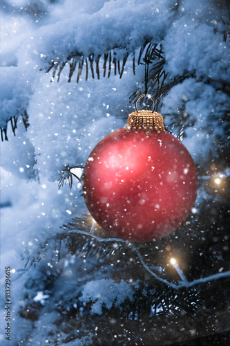 Rote Weihnachtskugel an einem Tannenzweig