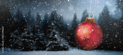 Rote Weihnachtskugel an einem Tannenzweig
