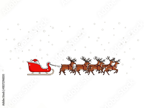 A cartoon illustration of Santa Claus in his red sleigh pulled by eight reindeer flying through a snowy white sky.