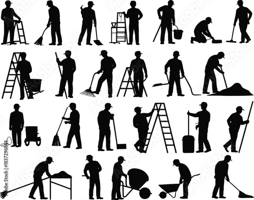 Construction worker silhouette set featuring diverse maintenance tasks and tools for industrial, labor, and design themes.