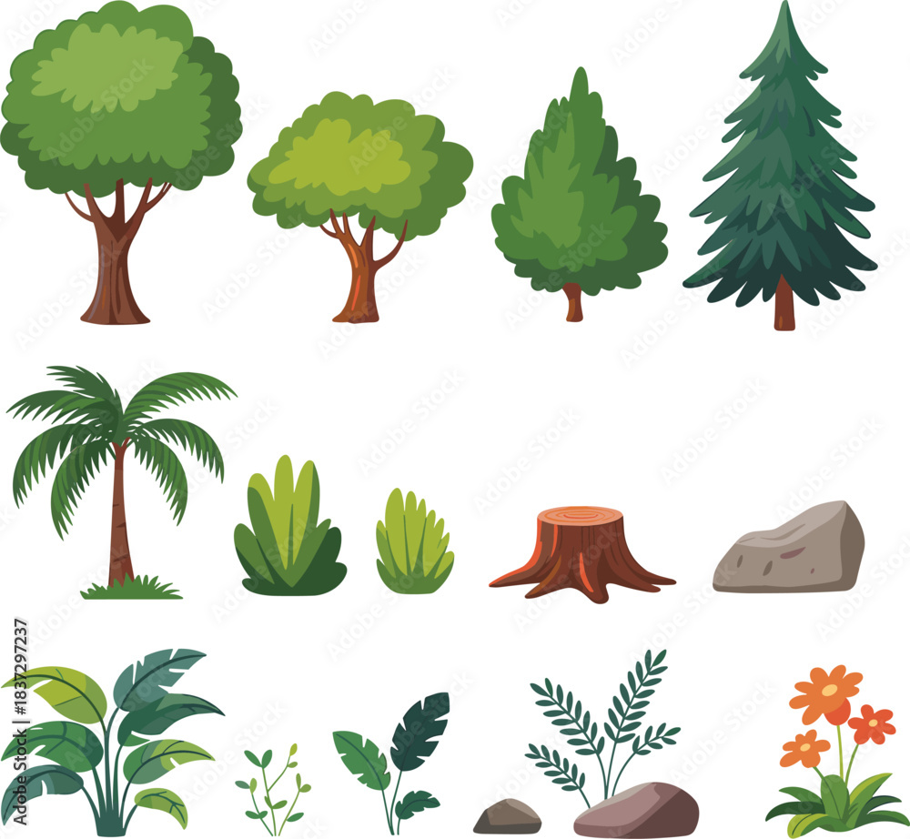 Fototapeta premium Nature element illustration set featuring trees, plants, rocks, and flowers for educational, ecological, and design themes.