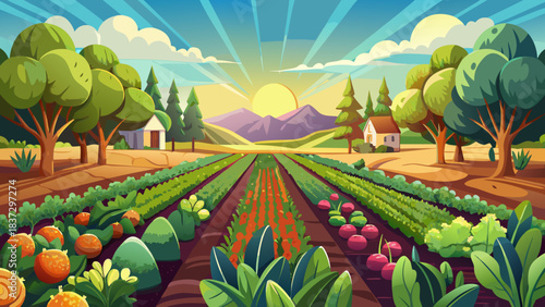 Very beautiful organic garden stretches across tidy rows of vibrant vegetables, thriving under warm sunlight and rich soil. A serene rural scene showcasing natural growth, seasonal abundance, and 