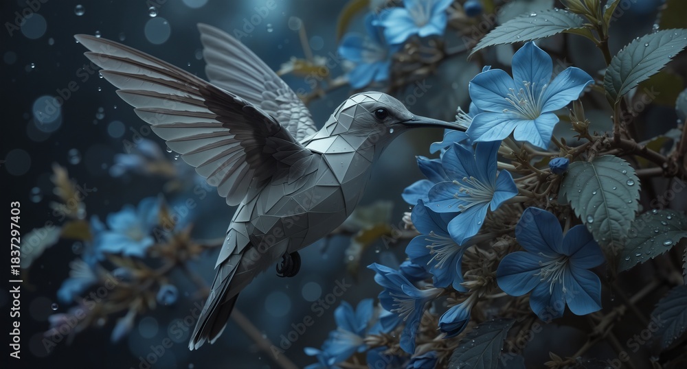 Obraz premium geometric hummingbird hovering near blue flowers with delicate water droplets, digital art.