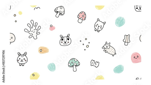 Whimsical Doodles: A playful collection of charming cartoon characters and decorative elements, artfully arranged to create a sense of fun and imagination.