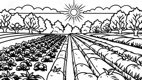 Very beautiful organic garden stretches across tidy rows of vibrant vegetables, thriving under warm sunlight and rich soil. A serene rural scene showcasing natural growth, seasonal abundance, and 