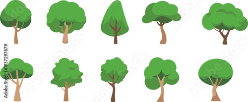 Stylized tree illustration set featuring ten unique green canopies and trunk shapes for nature, educational, and design themes.