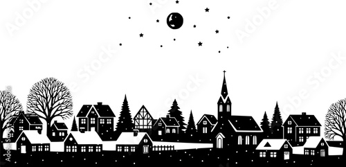Snowy Christmas Village at Night Winter Scene Black Shape Vector Laser Cutting Engraving Monochrome Print. 