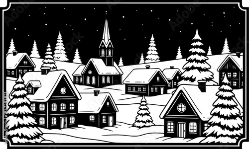 Snowy Christmas Village at Night Winter Scene Black Shape Vector Laser Cutting Engraving Monochrome Print. 