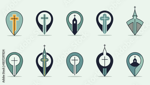 Stunning collection of modern location pin icons featuring elegant Christian cross and church designs for navigation apps