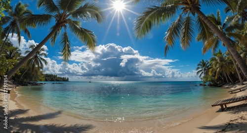 Fototapeta Naklejka Na Ścianę i Meble -  tropical beach with palm trees, turquoise water, and dramatic clouds on a sunny day.