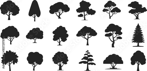Tree silhouette illustration set featuring 18 diverse botanical forms for nature, educational, and landscape design themes.