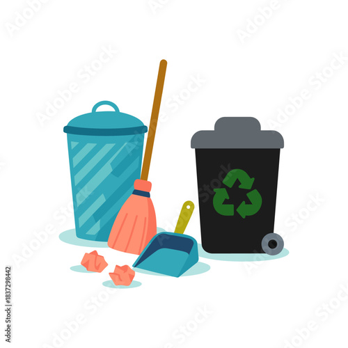 Housekeeping Tools with Waste, Cleaning and Recycling Bins icon logo flat vector design