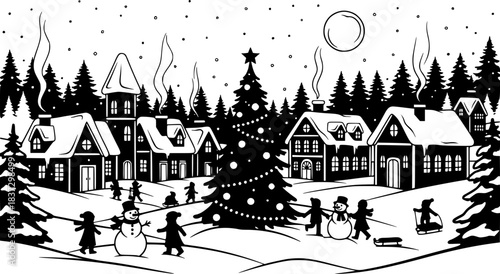 Snowy Christmas Village at Night Winter Scene Black Shape Vector Laser Cutting Engraving Monochrome Print. 