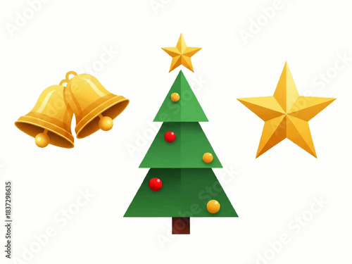 A festive illustration featuring golden bells, a decorated Christmas tree with ornaments and a star, and a separate golden star, all on a white background.