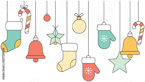 Festive holiday ornaments like stockings, candy canes, bells, and mittens create a joyful, vibrant Christmas celebration backdrop.