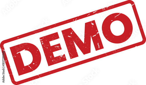 Red Demo Stamp on White Background: A Bold, Distressed Design Element for Mockups, Presentations, and Product Demos. Ideal for Commercial Use.