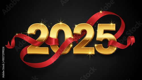 Golden 2025 numbers decorated with red ribbon and sparkles