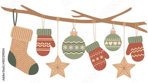 Cozy winter holiday decorations, including knitted stockings, festive mittens, and sparkling ornaments, beautifully arranged on a rustic branch for seasonal cheer.