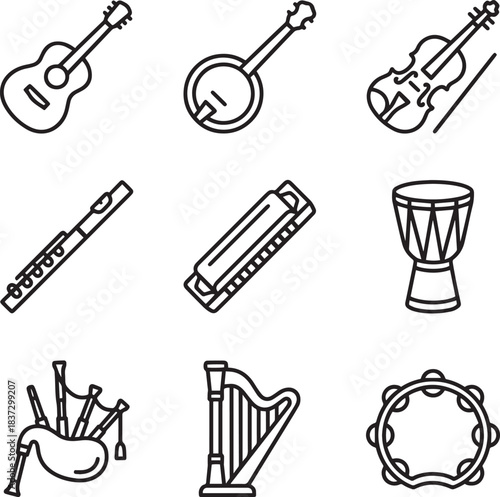 Set of musical instruments line icons isolated on transparent background flat style design