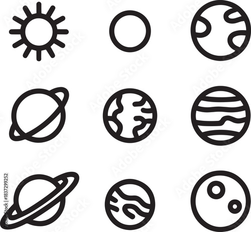 Solar system planets and celestial bodies icons set. astronomy and space vector illustrations