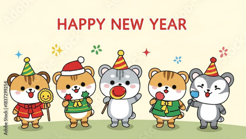 Cute cartoon bears celebrating happy new year with party hats and lollipops