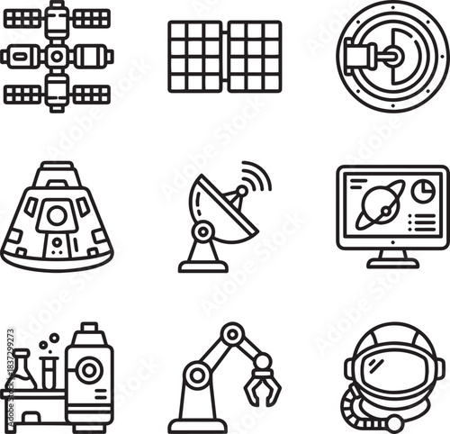 Space exploration and technology linear icons including satellite solar panels capsule robot