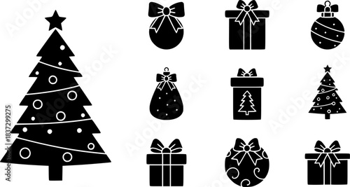 Christmas Vector Icon Set, Background, Black, Isolated. 