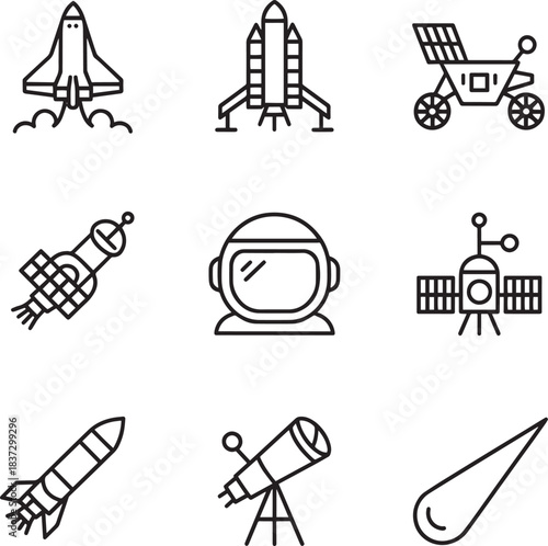 Space exploration icon set includes shuttle, rocket, rover, satellite, astronaut helmet, comet
