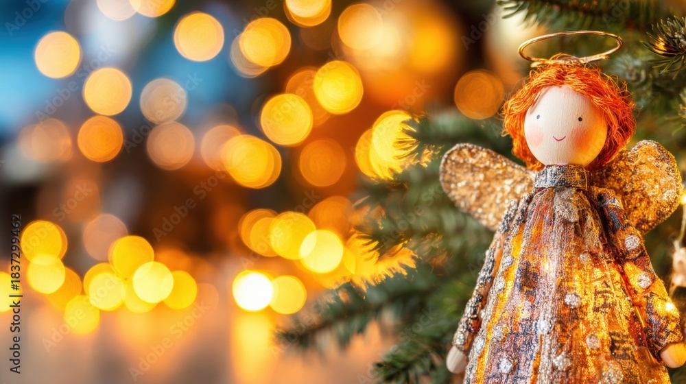 Naklejka premium Doll with angel wings on a Christmas tree with lights in the background